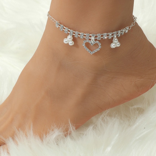 Image de Copper Exquisite Anklet Heart Tassel Silver Plated Imitation Pearl Clear Rhinestone 22.5cm(8 7/8") long, 1 Piece