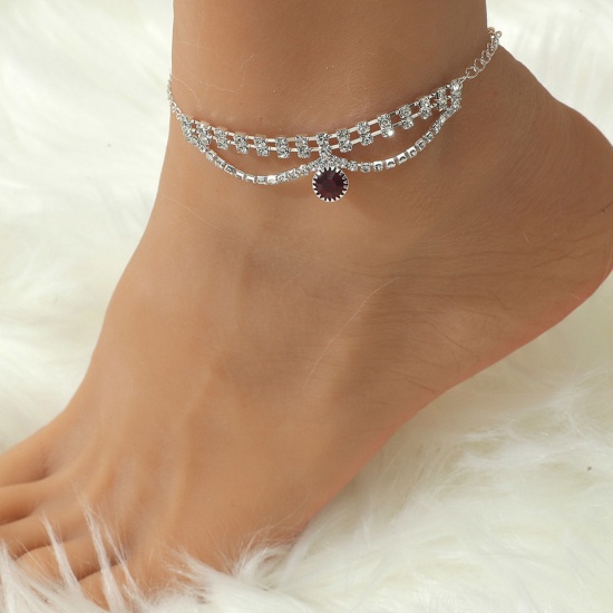 Image de Copper Exquisite Anklet Tassel Silver Plated Clear Rhinestone Wine Red Cubic Zirconia 22.5cm(8 7/8") long, 1 Piece