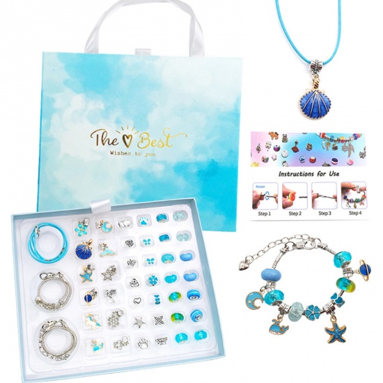 Picture of Zinc Based Alloy Children Kids Beads DIY Kits For Bracelet Necklace Jewelry Making Handmade Accessories Blue 27cm x 18cm, 1 Set