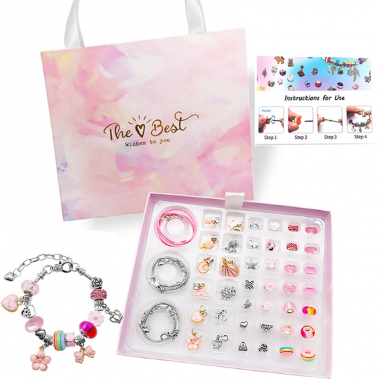 Picture of Zinc Based Alloy Children Kids Beads DIY Kits For Bracelet Necklace Jewelry Making Handmade Accessories Pink 27cm x 18cm, 1 Set