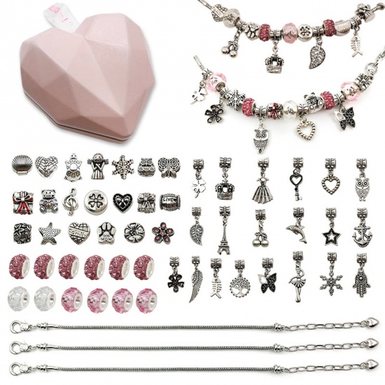 Image de DIY Kits de Perles pour Fabrication de Bijoux Bracelet Collier Accessoires Faits à la Main en Alliage de Zinc Enfants Argent Vieilli Rose 9.8cm x 9.8cm, 1 Kit