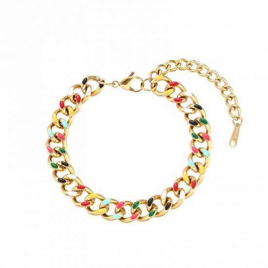 Picture of Stainless Steel Cuban Link Chain Bracelets Gold Plated Multicolor Enamel 18cm(7 1/8") long, 1 Piece