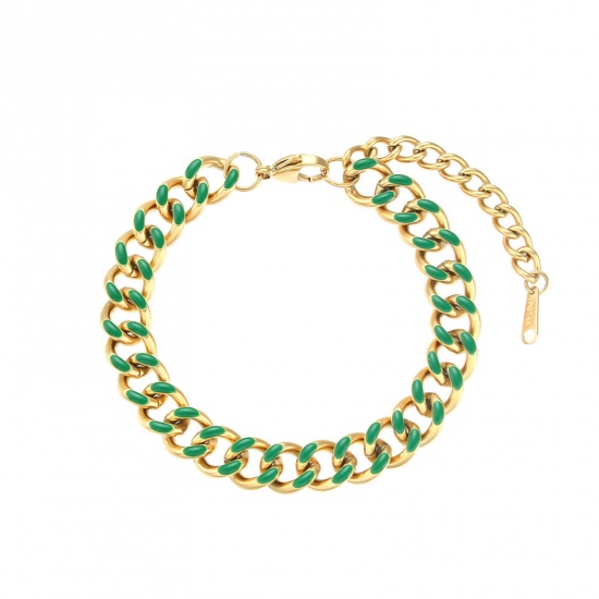 Picture of Stainless Steel Cuban Link Chain Bracelets Gold Plated Green Enamel 18cm(7 1/8") long, 1 Piece