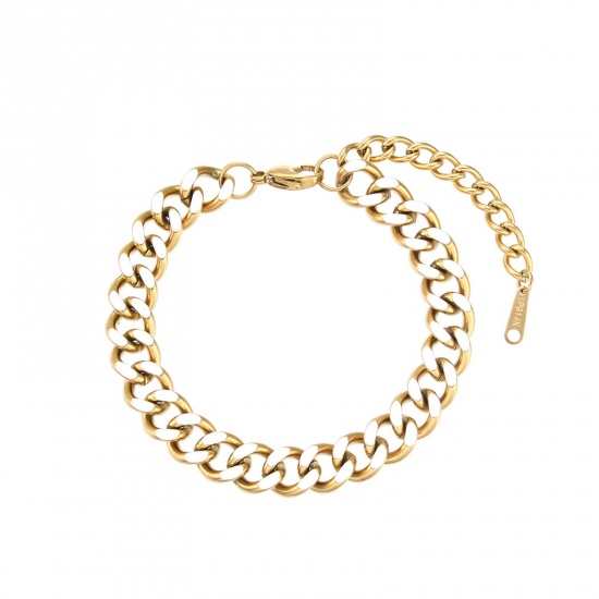 Picture of Stainless Steel Cuban Link Chain Bracelets Gold Plated White Enamel 18cm(7 1/8") long, 1 Piece