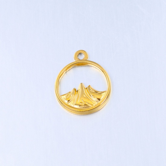 Image de 304 Stainless Steel Charms Gold Plated Round Mountain Hollow 18mm x 15mm, 1 Piece