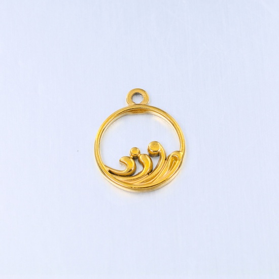 Image de 304 Stainless Steel Charms Gold Plated Round Wave Hollow 18mm x 15mm, 1 Piece