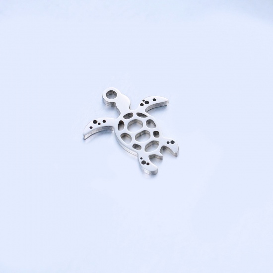 Picture of 304 Stainless Steel Ocean Jewelry Charms Silver Tone Sea Turtle Animal Hollow 15mm x 13mm, 5 PCs