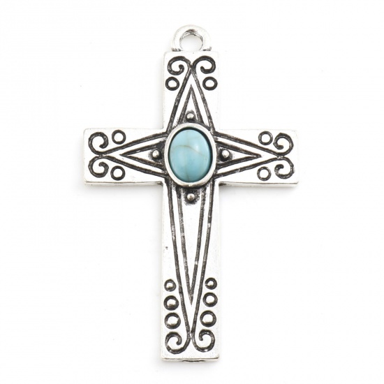 Picture of Zinc Based Alloy Boho Chic Bohemia Pendants Cross Antique Silver Color Blue Carved Pattern With Resin Cabochons Imitation Turquoise 5cm x 3.1cm, 5 PCs