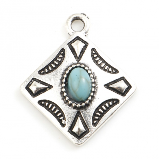Picture of Zinc Based Alloy Boho Chic Bohemia Charms Rhombus Antique Silver Color Blue Carved Pattern With Resin Cabochons Imitation Turquoise 2.3cm x 2cm, 5 PCs