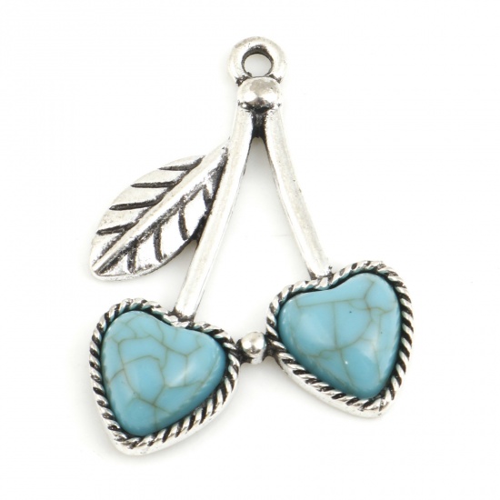 Picture of Zinc Based Alloy Boho Chic Bohemia Charms Cherry Fruit Antique Silver Color Blue With Resin Cabochons Imitation Turquoise 3.7cm x 2.6cm, 5 PCs