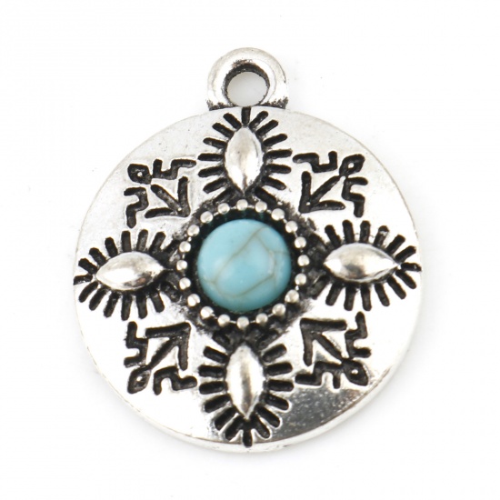 Picture of Zinc Based Alloy Boho Chic Bohemia Charms Round Antique Silver Color Blue Carved Pattern With Resin Cabochons Imitation Turquoise 22mm x 18mm, 5 PCs