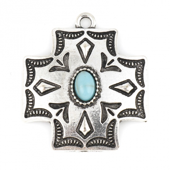 Picture of Zinc Based Alloy Boho Chic Bohemia Charms Cross Antique Silver Color Blue Carved Pattern With Resin Cabochons Imitation Turquoise 2.9cm x 2.5cm, 5 PCs