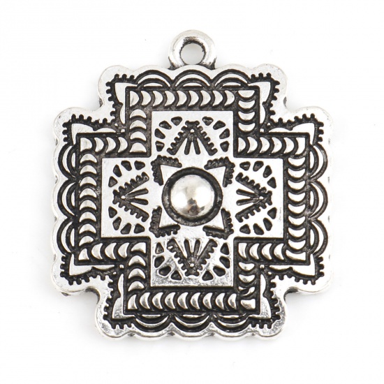 Picture of Zinc Based Alloy Religious Charms Antique Silver Color Cross Carved Pattern 29mm x 25mm, 10 PCs