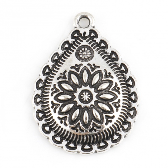 Picture of Zinc Based Alloy Flora Collection Charms Drop Antique Silver Color Carved Pattern 29mm x 21mm, 10 PCs