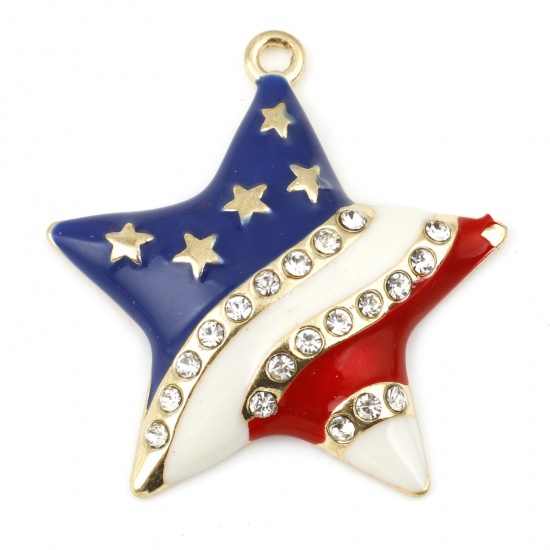 Picture of Zinc Based Alloy Sport Pendants Pentagram Star Gold Plated Flag Of The United States Clear Rhinestone 3.3cm x 3.2cm, 2 PCs