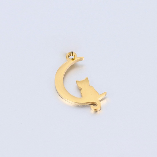 304 Stainless Steel Pet Silhouette Charms Gold Plated Half Moon Cat Polished 16mm x 10.5mm, 1 Piece の画像