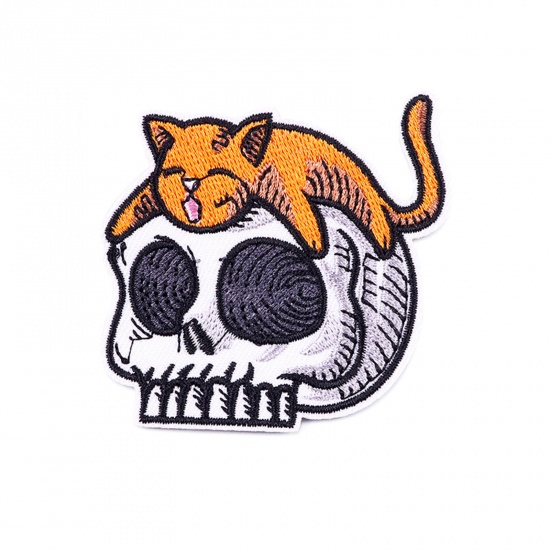 Picture of Fabric Iron On Patches Appliques (With Glue Back) Craft Yellow Skeleton Skull Cat 6.6cm x 4.5cm, 5 PCs