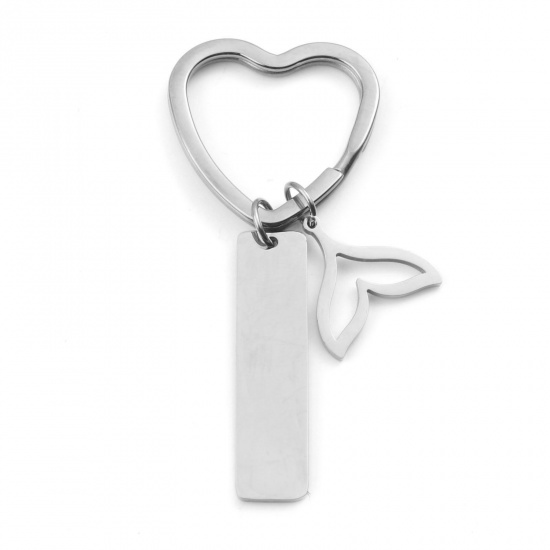 Picture of Stainless Steel Ocean Jewelry Keychain & Keyring Silver Tone Whale Tail Blank Stamping Tags One Side 7.2cm x 3.1cm, 1 Piece