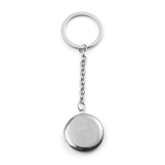 Picture of Stainless Steel Picture Photo Frame Locket Keychain & Keyring Silver Tone Round Blank Stamping Tags One Side 10.8cm x 3cm, 1 Piece