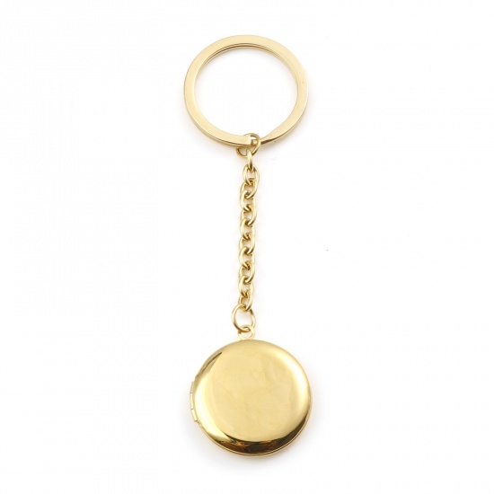 Picture of Stainless Steel Picture Photo Frame Locket Keychain & Keyring Gold Plated Round Blank Stamping Tags One Side 10.8cm x 3cm, 1 Piece