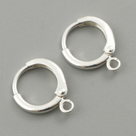 Picture of Copper Lever Back Clips Earrings Silver Plated Round W/ Loop 14mm x 12mm, Post/ Wire Size: (20 gauge), 6 PCs