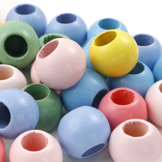 Image de Wood Spacer Large Hole Charm Beads Round At Random Color Painted About 20mm Dia., Hole: Approx 8mm, 20 PCs
