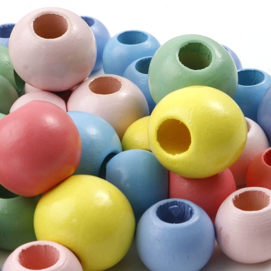 Image de Wood Spacer Large Hole Charm Beads Round At Random Color Painted About 25mm Dia., Hole: Approx 8mm, 20 PCs