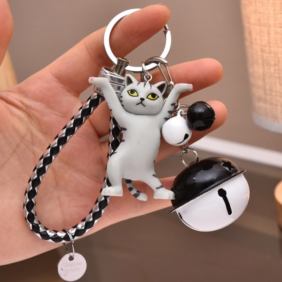 Image de Vinyl Cute Keychain & Keyring Silver Tone Gray Cat Animal Bell 14.2cm, 1 Piece
