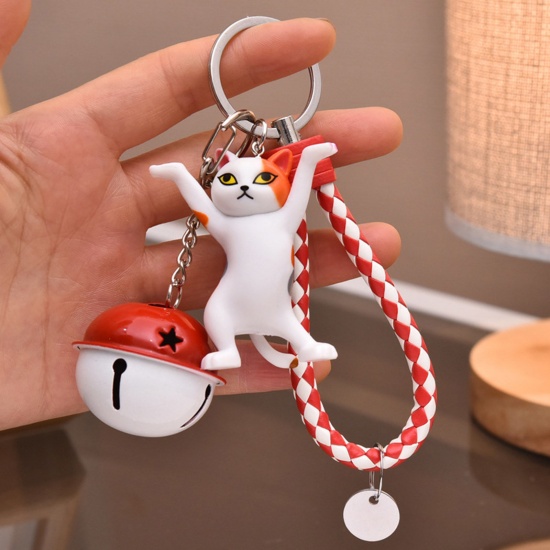 Immagine di Vinyl Cute Keychain & Keyring Silver Tone White & Orange Cat Animal Bell 14.2cm, 1 Piece