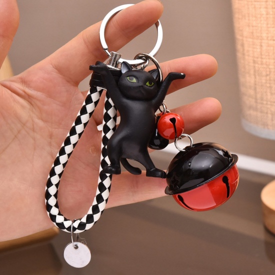 Image de Vinyl Cute Keychain & Keyring Silver Tone Black Cat Animal Bell 14.2cm, 1 Piece