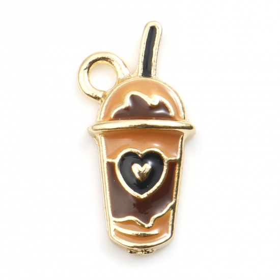 Picture of Zinc Based Alloy Charms Cup Gold Plated Brown Heart Enamel 21mm x 11mm, 10 PCs