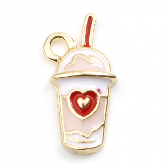 Picture of Zinc Based Alloy Charms Cup Gold Plated Pink Heart Enamel 21mm x 11mm, 10 PCs