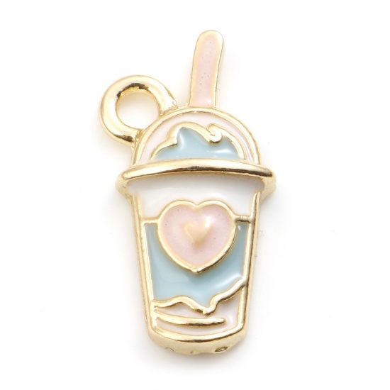 Picture of Zinc Based Alloy Charms Cup Gold Plated Blue Heart Enamel 21mm x 11mm, 10 PCs