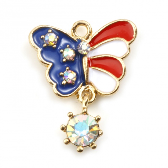 Picture of Zinc Based Alloy Sport Charms Gold Plated White & Blue Butterfly Animal Flag Of The United States Enamel AB Color Rhinestone 22mm x 18mm, 10 PCs