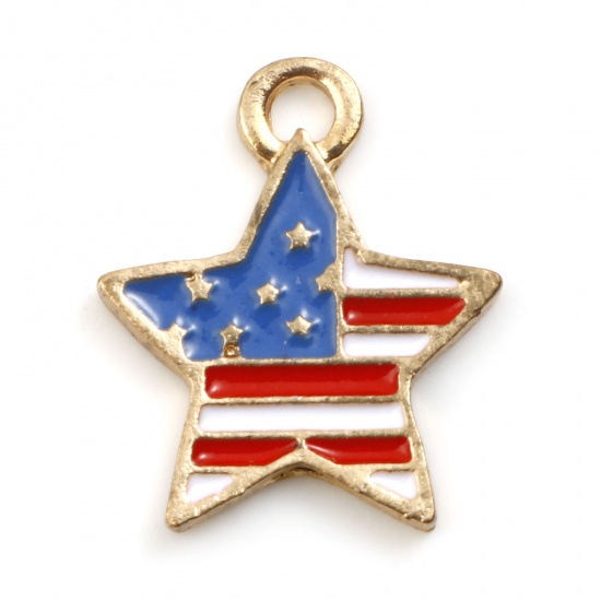 Picture of Zinc Based Alloy Sport Charms Gold Plated White & Blue Pentagram Star Flag Of The United States Enamel 18mm x 15mm, 10 PCs