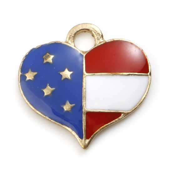 Picture of Zinc Based Alloy Sport Charms Gold Plated White & Blue Heart Flag Of The United States Enamel 17mm x 16mm, 10 PCs