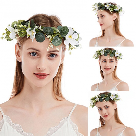 Image de Plastic & Velvet Wedding Headband Hair Hoop For Bride White & Green Artificial Flower Leaf 25cm Dia., 1 Piece