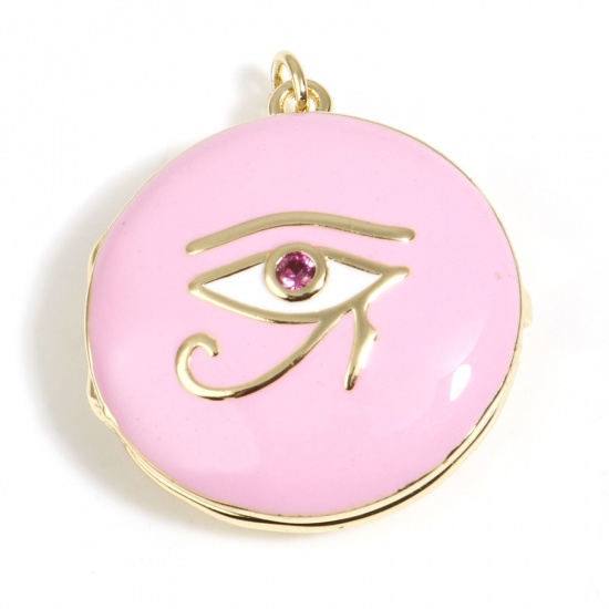 Picture of Copper Religious Picture Photo Locket Frame Pendents Gold Plated Pink Round The Eye Of Horus Enamel Red Rhinestone 3cm x 2.5cm, 1 Piece