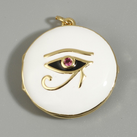 Picture of Copper Religious Picture Photo Locket Frame Pendents Gold Plated White Round The Eye Of Horus Enamel Red Rhinestone 3cm x 2.5cm, 1 Piece