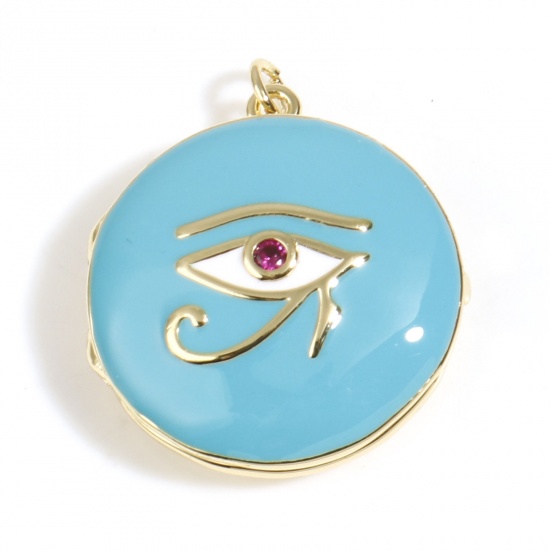 Picture of Copper Religious Picture Photo Locket Frame Pendents Gold Plated Blue Round The Eye Of Horus Enamel Red Rhinestone 3cm x 2.5cm, 1 Piece