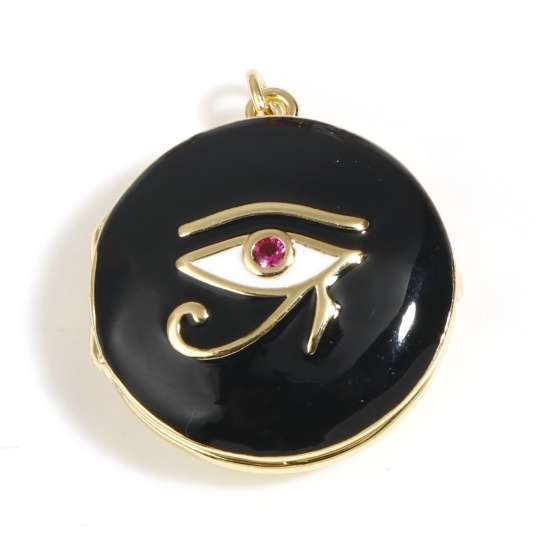 Picture of Copper Religious Picture Photo Locket Frame Pendents Gold Plated Black Round The Eye Of Horus Enamel Red Rhinestone 3cm x 2.5cm, 1 Piece