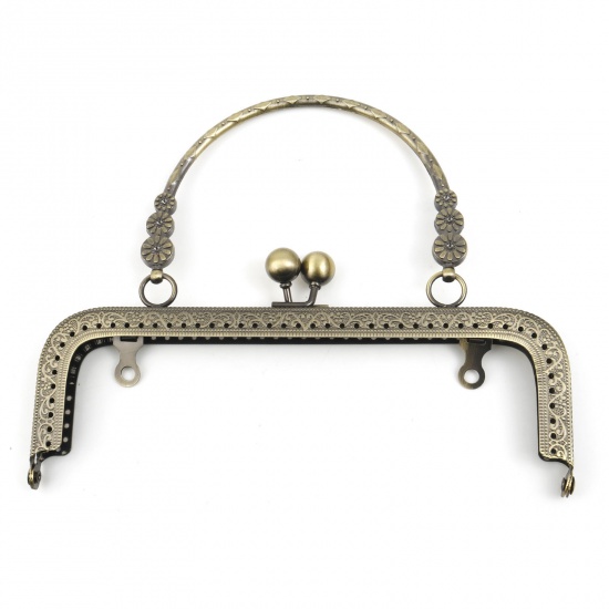 Picture of Iron Based Alloy Kiss Clasp Purse Frame Handles Rectangle Flower Antique Bronze 18cm x 15cm, 1 Piece