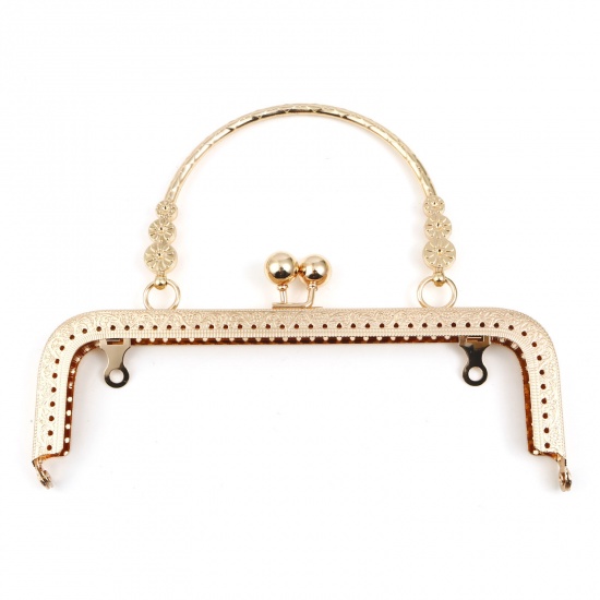 Picture of Iron Based Alloy Kiss Clasp Purse Frame Handles Rectangle Flower Light Golden 18cm x 15cm, 1 Piece