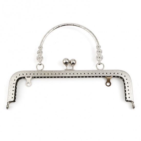 Picture of Iron Based Alloy Kiss Clasp Purse Frame Handles Rectangle Flower Silver Tone 18cm x 15cm, 1 Piece