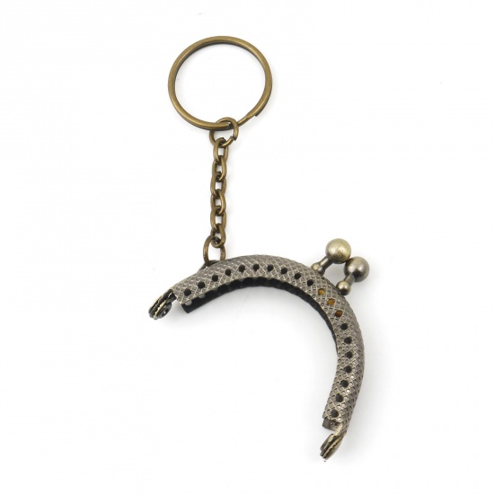 Picture of Iron Based Alloy Kiss Clasp Purse Frame Handles With Keychain Half Round Antique Bronze 5.4cm x 4.4cm, 2 PCs