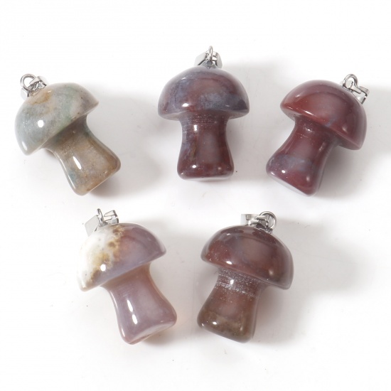 Picture of India Agate ( Natural ) Flora Collection Pendants Silver Tone Mushroom 3.2cm x 1.5cm, 1 Piece