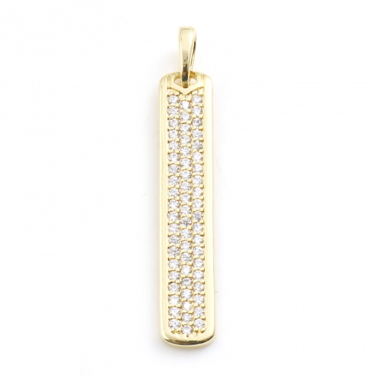 Picture of Copper Micro Pave Pendants Rectangle Gold Plated Clear Rhinestone 3.6cm x 0.6cm, 1 Piece