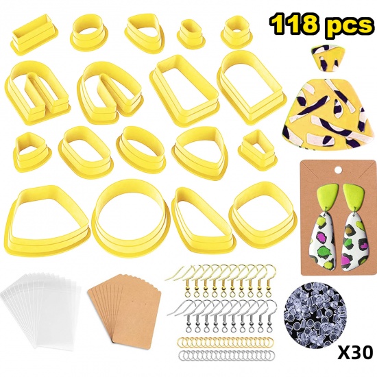 Picture of Plastic Modeling Clay Tools Hooks Clay Cutters for Polymer Clay Jewelry Making Earring Making Yellow Geometric 1 Set ( 118 PCs/Set)