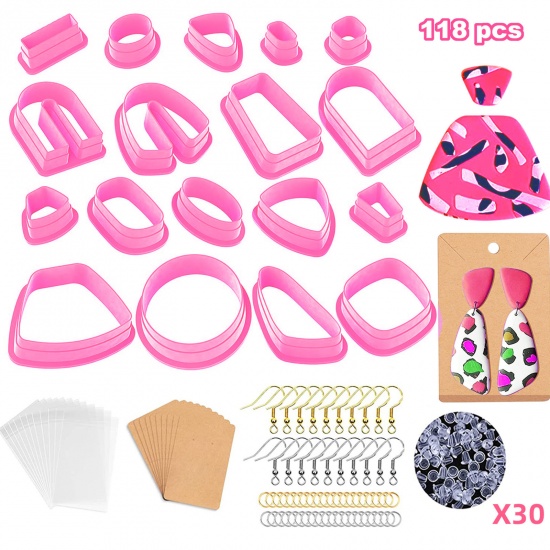 Picture of Plastic Modeling Clay Tools Hooks Clay Cutters for Polymer Clay Jewelry Making Earring Making Pink Geometric 1 Set ( 118 PCs/Set)