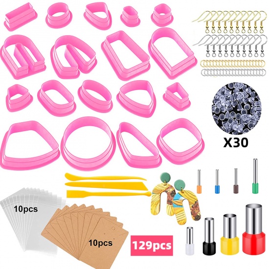 Picture of Plastic Modeling Clay Tools Hooks Clay Cutters for Polymer Clay Jewelry Making Earring Making Pink Geometric 1 Set ( 129 PCs/Set)